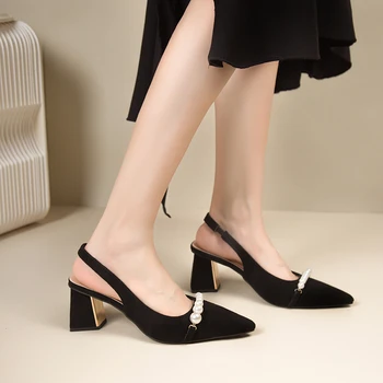 дамски обувки sweet Pearl 2023, Модни дамски обувки-лодка с остри пръсти, есенни обикновен модел обувки с мъниста, дамски обувки с катарама в масивна ток