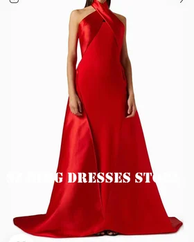 OIMG Нов дизайн Без ръкави Русалка Halter Рокли за бала Саудитски Арабски жени Червени Сатенени вечерни рокли с отворен гръб Официално премяна