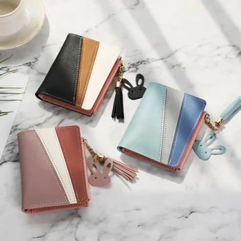 Нов портфейл дамски чанта в кратък студентски стил корейската версия ins модерен цветен портфейл от изкуствена кожа с промяна на цветови тенденции