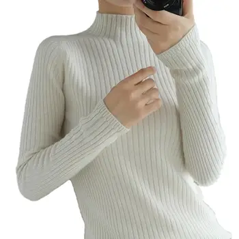 Модерен женски вязаный пуловер приталенного намаляване, пуловер с черепашьим деколте, мек кашемирово-вълнен смес, монофонични цвят за есен-зима