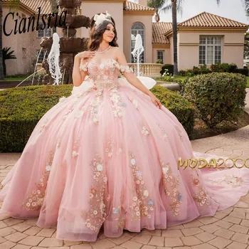 Розови рокли Quincenara с лък и 3D цветя, бална рокля с открити рамене, апликации от дантела, 15 елегантни рокли XV Век