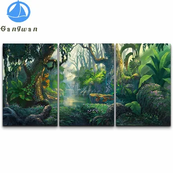 Диамантена картина за бродерия на кръстат бод, Определени фантазийных зелени тропически джунгли и речни цветове, илюстрация на природата, селски пейзаж, 3 бр.
