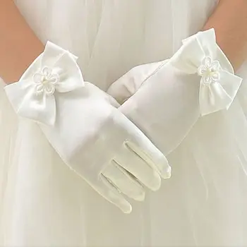 Сатен Мека Сватбена Цвети, 1 чифт Аксесоари за рокли, Ръкавици за рокли, Ръкавици с лък, Кратък Абзац, Дамски Ръкавици, Ръкавици принцеса