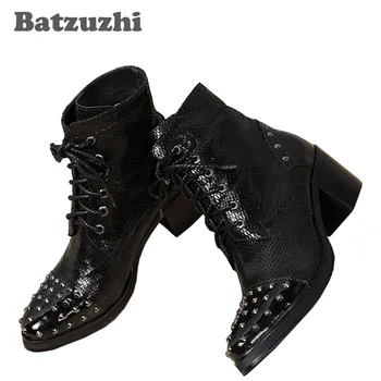 Batzuzhi/ Черни Мъжки обувки на токчета 6,8 cm От естествена кожа; Модни мъжки обувки-oxfords С кръгло бомбе и нитове; Мъжки обувки на висок квадратен ток