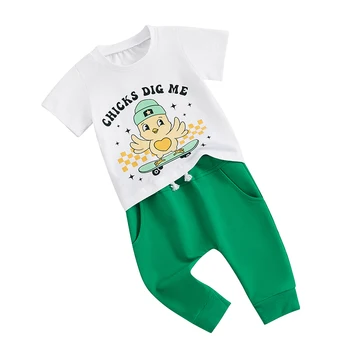 Великден костюм за момче за деца Пилета Dig Me Letter Риза с къс ръкав Блузи И Панталони Комплект Детска Великден облекло 2 елемента