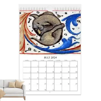 Календар със забавни котки в 2024 година, Стенен календар за 12 месеца в 2024 година със средновековни изображения на Котки, Украса за дома, Календари с котки за хол