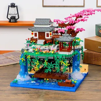 Китайската архитектура Езерото е с цветна праскова, Мини-набор от градивни елементи, Сакура Бонсай, Японски Къща Сакуры, Фенер, Подарък играчка