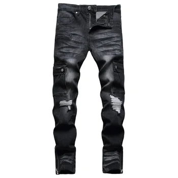 Нови черни панталони в работния стил в стил хип-хоп с цип по ръбовете, дебнещ разтеглив младежки модерни танцови дънки, мъжки прави панталони