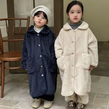 2023 Зимен костюм от дълъг дебел топъл отвътре, за да се момичета и момчета от 2 теми, Комплект детска мека дрехи за дома в Два цвята