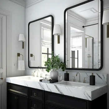 Стенно огледало за душата, правоъгълно огледало в метална рамка за баня, 2 черни огледала за баня, 24 X 36