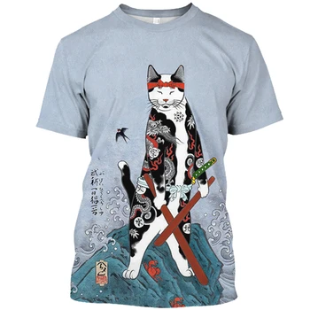 Японската тениска с принтом котка самурай за мъже и жени, модни ежедневни тениски с кръгло деколте, детски дрехи с къс ръкав оверсайз.