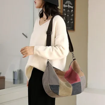 Чанта в стил мозайка в стил ретро 2023, цветни блокове, реколта чанта през рамо за дамите, холщовые чанти с голям капацитет, контрастиращи по цвят дамски чанти