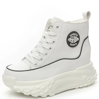 Дамски обувки, Дамски спортни обувки Нарастването на 6,5 см Бяла Кожена Есенни обувки ежедневни обувки На платформа Дамски маратонки Ladie Shoe