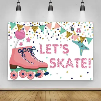 Нека кънки за момичета и момчета, с участието си в състезания, украса банер, фонове с дъга точки, обувки на колелца, фонове за рожден ден за фотодекора