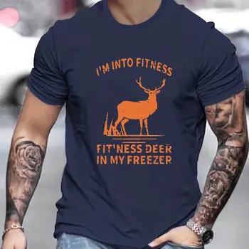 Мъжка тениска с къс ръкав с принтом елен и азбуки, приталенная лятна риза с къс ръкав от 100% памук