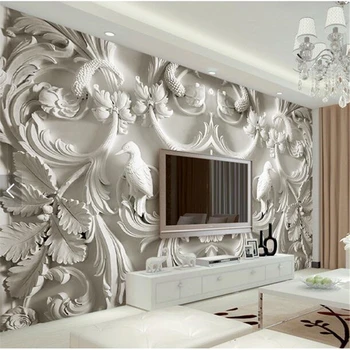 Обичай големи стенни тапети beibehang, 3d стереоскопични класическите бяло перлено бял фон за телевизор в хола в европейски стил