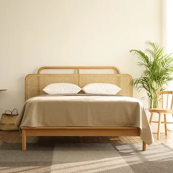 Легло от масивно дърво в скандинавски стил, японската модерна светла луксозна домашна двойно легло, мебели за престой в семейството