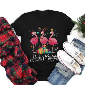 Забавни светлини-фламинго, шапка на Дядо Коледа, пуловер, Коледно дърво, коледна тениска