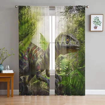 Завеса с динозаврите в джунглата, тюл за хол, спалня, кухня, Шифоновые прозрачни украса за обработка на прозорци