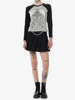 Жена съкратен топ с дълъг ръкав Y2k, модни реколта эстетичная риза с графичен принтом, Пролет-есен, приталенные сладки скъсяване на върховете, градинска облекло