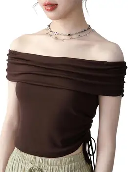 Модни Дамски блузи 2023 Лято Корейски Луксозна дрехи Елегантна, намаляване с лодка деколте и къс ръкав, Вязаный Черно Секси празничен топ с открити рамене