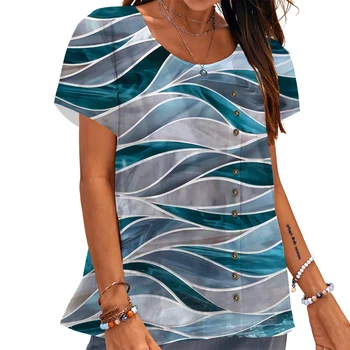 Женска тениска CLOOCL с шарките на морските вълни, копчета с 3D-принтом, свободни тениски с къс ръкав, дамски летни потници в ретро стил
