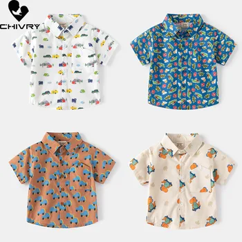 Нови Летни ризи с анимационни герои за момчета 2024 г., детска модна блуза с цифрово принтом, риза с къс ръкав и ревери, Детски ежедневни потници, Облекло