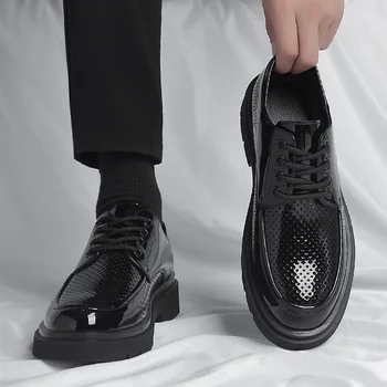 Мъжки обувки лъскави кожени обувки, мъжки ежедневни обувки младежки мъжки костюм кожени обувки, черни кожени обувки с кръгла глава модни обувки