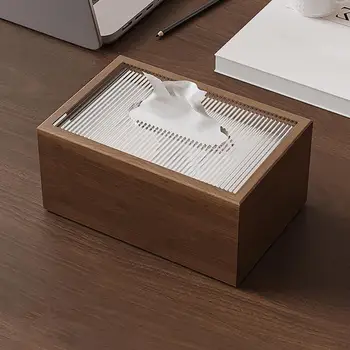 Кутия за кърпички за офис, дървена кутия за салфетки в китайски стил, лесен луксозен настолен органайзер за салфетки с акрилни капак за стая за спалня