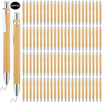 200шт бамбук химикалки, дървени сгъваем химикалка химикалка, бамбукови дръжки с черно мастило за мъже, дамски дръжки за подпис