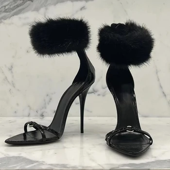 Пикантен дамски обувки на висок ток с космат отворени пръсти 2023 пролетта и лятото новата дамски обувки hot girl с остри пръсти и сандали на висок ток