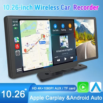 Универсален 10,26-инчов 4K + 1080P Безжичен Carplay, Android Auto GPS Навигация с HD Камера за обратно виждане, Автомобилен Bluetooth FM монитор