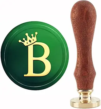 1 бр. восъчен печат B, crown, сургучные печати, 30 мм, ретро реколта, свалящ се латунная корона на печата с дървена дръжка