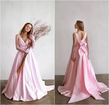 Елегантни розови рокли за абитуриентски бал, дълбоко V-образно деколте, сатенени вечерни рокли трапецовидна форма с лък и влак, официално облекло за парти, вечерни рокли по поръчка
