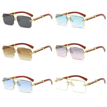 Мъжки Слънчеви очила Без рамки, Реколта Правоъгълни Лещи С имитация на дървени Крака, Женски Луксозни Маркови Дизайнерски Слънчеви Очила