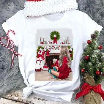 Женска тениска с весела Коледа, нови модни Коледни тениски на 90-те години, женска тениска с кръгло деколте и къси ръкави с хубаво шарките, Коледен подарък