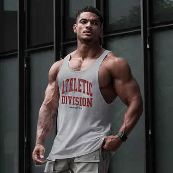 Мъжка риза за фитнес Muscle от памук с принтом, без спортен топ с голямо кръгло деколте, Модерен мъжки топ за фитнес зала