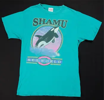 Рядка Реколта Тениска TULTEX Sea World Shamu Killer Кит Orca 90-те години на Светло-Синята M
