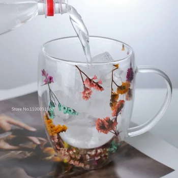 Креативна Стъклена чаша с двойни стени, Истинска Цветна мивка, Пълнител за флаш, Стъклени чаши, подаръци за ръце, на Чаша borosilicate стъкло с дръжки