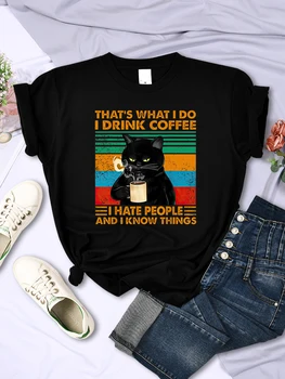 Това е нещо, което аз правя, аз пия кафе, Черна котка, женска тениска, модни и ежедневни градинска дрехи, Дишаща и ежедневни облекла за жени с къс ръкав