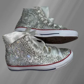 Парусиновая обувки с висок берцем, зашити ленти, удобни обувки за разходка с кристали, вулканизированная ръчно изработени обувки с кристали 35-46