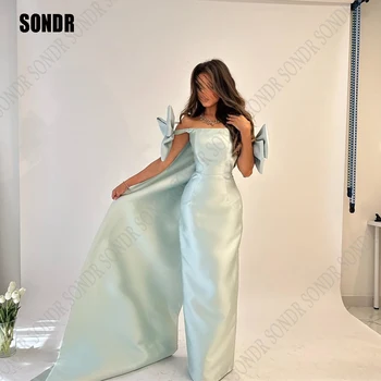 SONDR Саудовско-арабски вечерни рокли с лък, сатен дълго наметало с квадратни деколтета, вечерна рокля за абитуриентски бал в Дубай, вечерни рокли с дължина до пода
