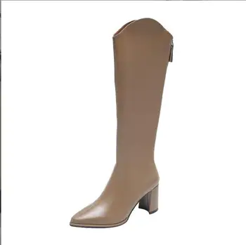 Нов есента модно ревю Черни ботуши Дамски зимни обувки от изкуствена кожа Плюшени Дълги ботуши Черни дамски есенни класически обувки на платформа
