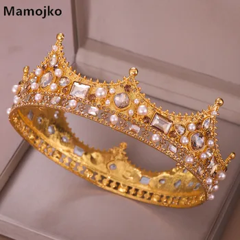 Mamojko Нови луксозни Кръгли Диадеми с перли и корона, Сватбени аксесоари за коса, украса за коса, ръчно изработени шапки, шапки