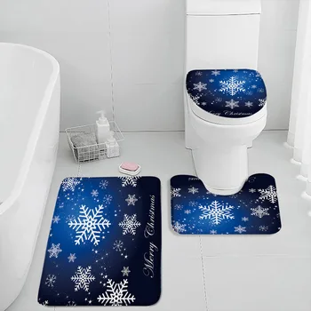 Син Коледно килимче за баня, Бяла Снежинка, нова година Коледна Домашен килим, декоративни Фланелен постелки за пода, капак на тоалетната чиния