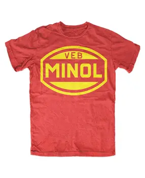 Тениска VEB MINOL червена S 5XL Ostalgia retro L60 ГДР Minol Pirol