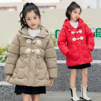 Ново лятно памучно палто за момичета 2023 г., на корейското издание, детска зимно яке на утолщенном топола средна дължина с качулка