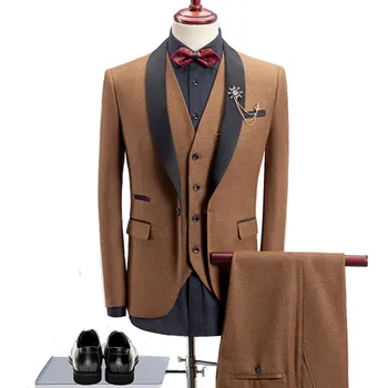 Мъжки костюм от висок клас, бизнес, тънък, плътен цвят, комплект от 3 теми, палто, жилетка, Панталон/за сватбен банкет, Джентльменские блейзери, яке, палто