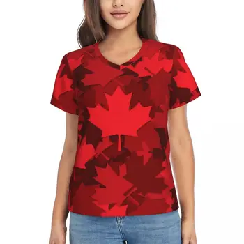 Женска тениска, плажна риза с червени листа, Канадски клен, модни тениски с къс ръкав и V-образно деколте, уличен стил, върхове оверсайз