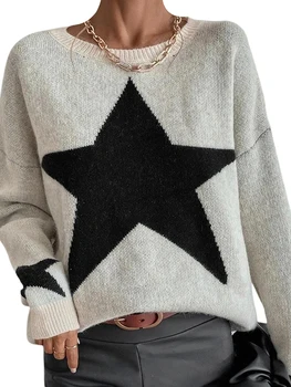 Жена случайни пуловер с кръгло деколте и дълъг ръкав, пуловер, трикотажни блузи в рубчик със звездна принтом, с заниженными рамене, есента топло трико